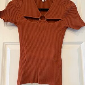 Minnie Rose Ribbed Crop Top in Rust with Front Ring